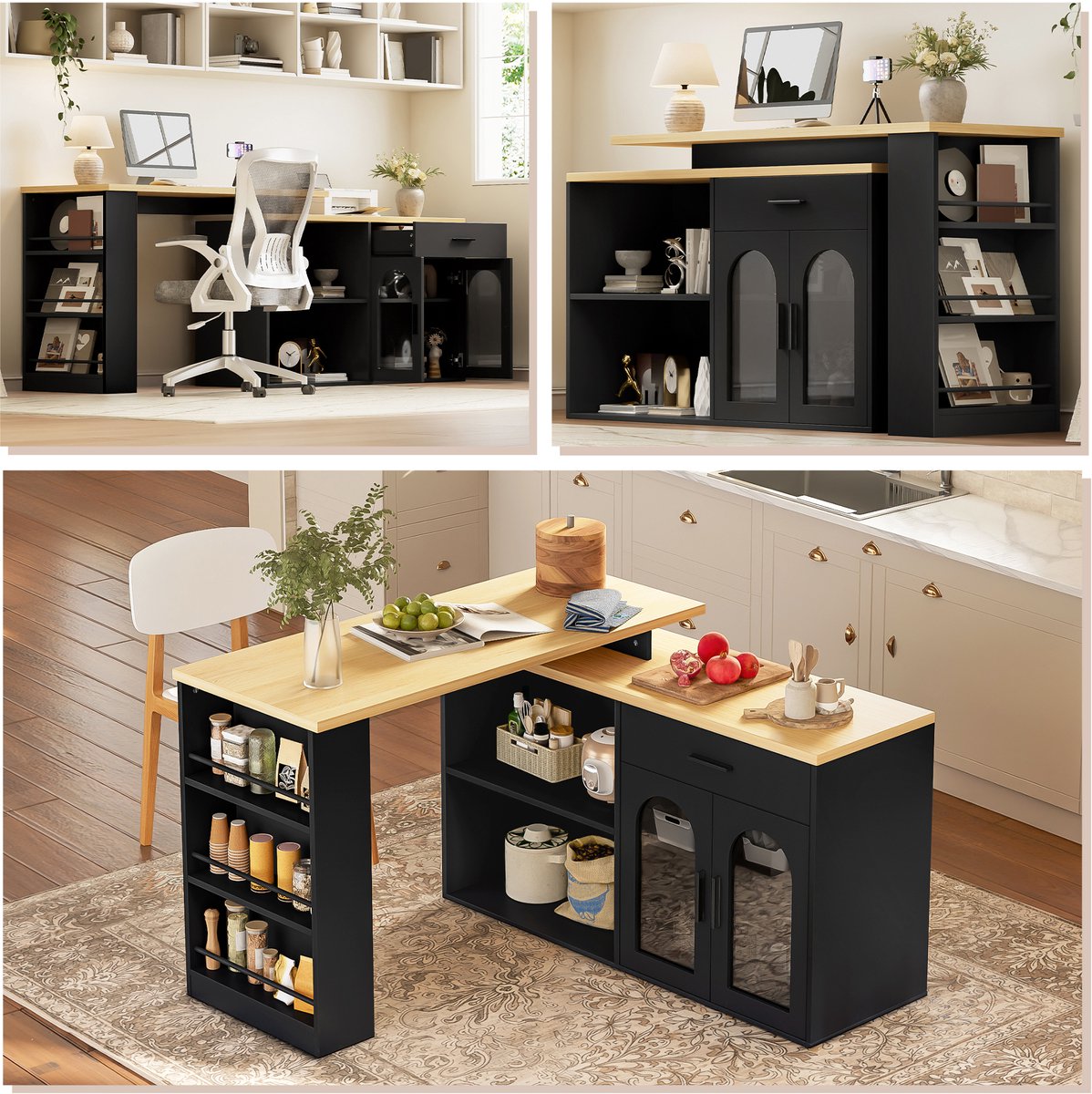 Clruro Keukeneiland - 136 × 50 × 78 cm - 360° Draaibaar met Lades - MDF - Zwart/Naturel