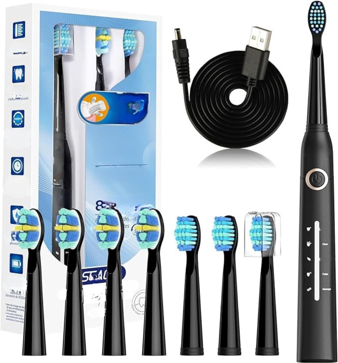 Thuys - Elektrische Sonische Tandenborstel - 40.000 Trillingen per Minuut - 5 Poetsstanden - Inclusief 8 Opzetborstels - USB Oplaadbaar - IPX7 Waterdicht - Zwart