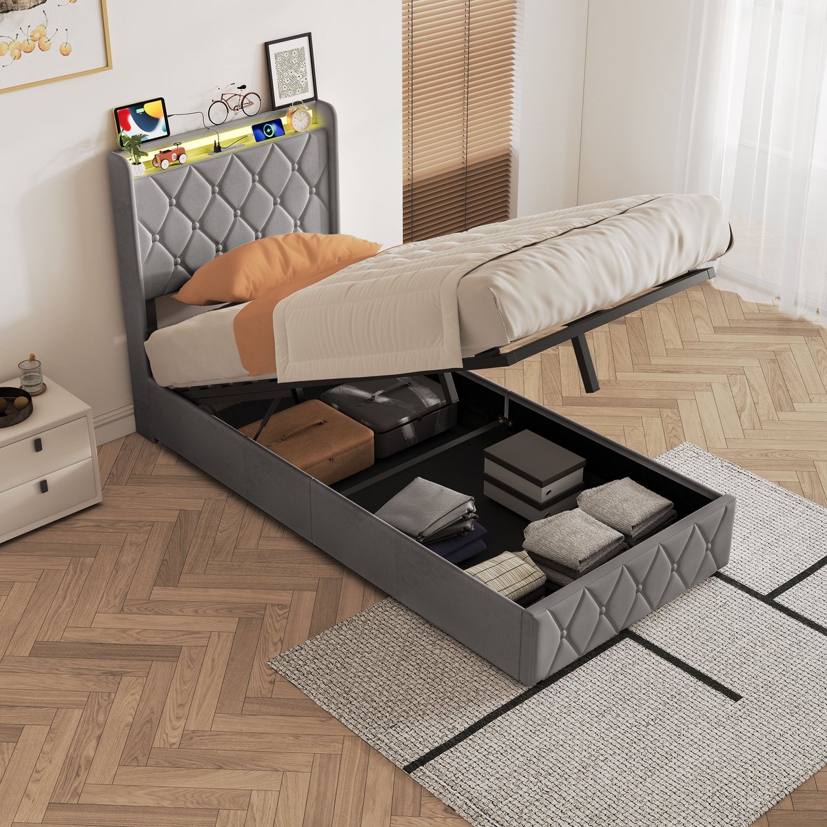Kinderbed 90x200 cm, eenpersoonsbed met hydraulische opbergruimte, fluwelen hoofdbord met opbergvakken, gewatteerd donkergrijs, zonder matras