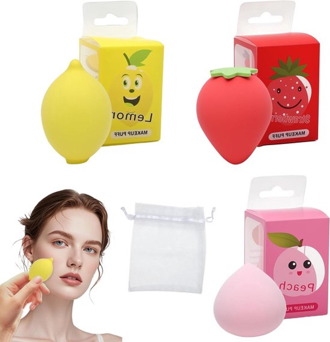 Set van 3 Make-up Sponzen voor Perfecte Foundation en Blending, Geschikt voor Vloeibare, Crème en Poeder Make-up (Limoen, Aardbei, Perzik)