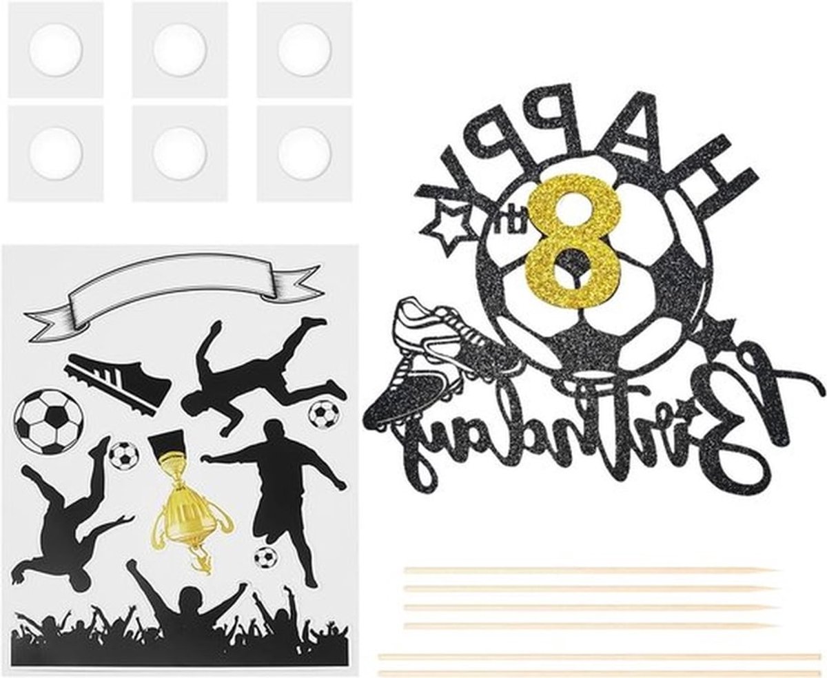 Verjaardagskaart voor voetbalfans van 8 jaar met set voetbal-elementen, creatieve taartsieraden en bakaccessoires