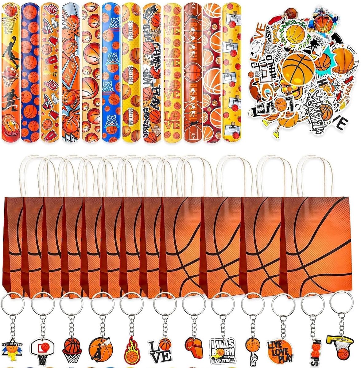 86 stuks basketbal kinderen verjaardagsset basketbal party accessoires met sleutelhanger cadeau tassen pols stickers basketbal geschenken voor kinderen