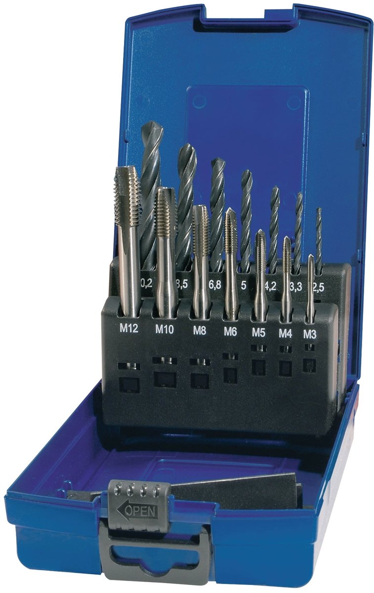 Machineschroefdraadtappenset DIN 371/376 B M3-M12 14-delig.HSS Kunststof cassette TECWERK