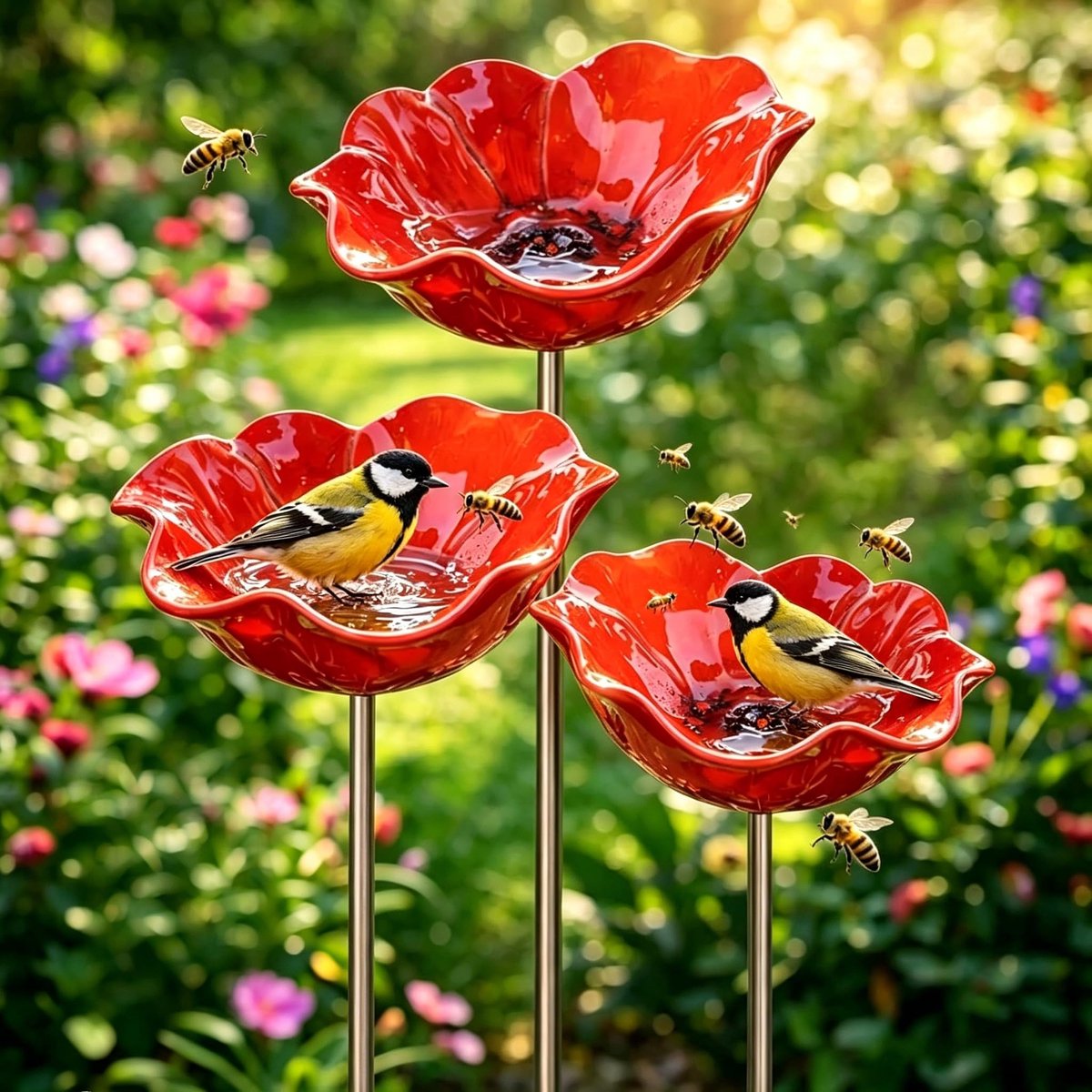 Namajunas - Vogeldrinkschaal voor Tuinvogels - 3 stuks - Vogelbadje - Voederbak voor in de tuin - Vogelbad op Voet - Vogelbad - Vogelbad voor Buiten - Tuindecoratie voor Vogels - voor tuin, gazon- en terrasdecoratie
