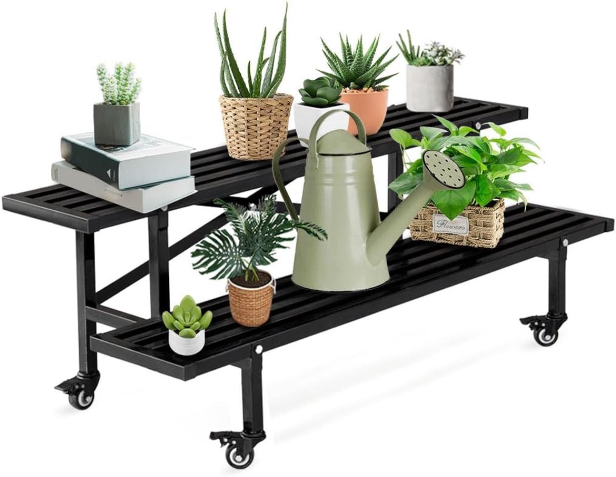 QUOVO® Plantenrek op wielen - Plantenladder - Plantentrap - Plantenrek Opbergrek - Plantenstandaard - Plantenhouder - Bloemenrek – Bloementrap Met 2 Etages - 12cm x 28cm x 12cm