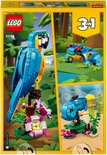 Doos van LEGO Creator 3in1 met een blauw-gele papegaai, een blauwe vis en een blauwe kikker.