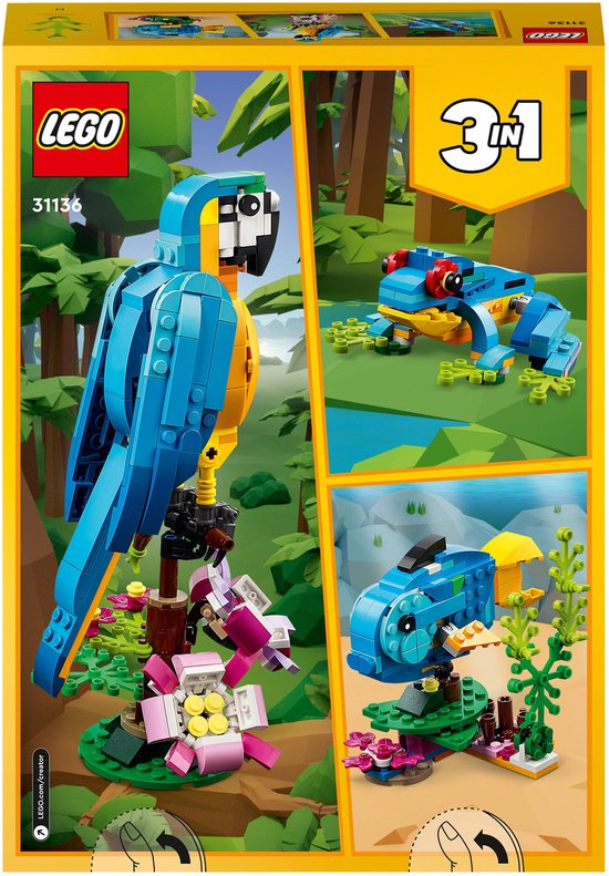 Doos van LEGO Creator 3in1 met een blauw-gele papegaai, een blauwe vis en een blauwe kikker.