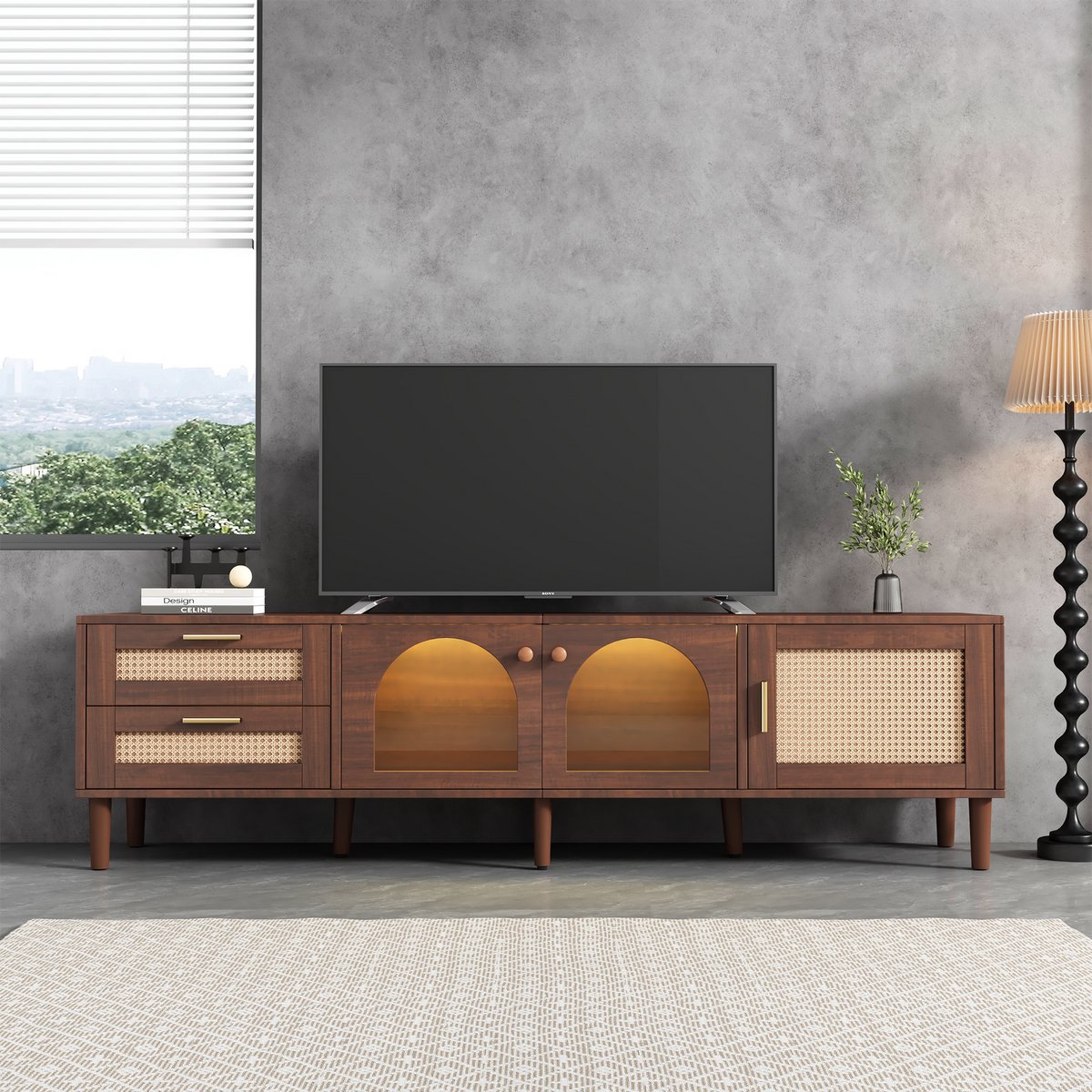 MUVANO Tv Meubel - Tv Kast - Tv Dressoir - Led Verlichting - Rotan Lades - Glazen Deuren - Woonkamer - 180x40x50 cm - Voor 80 Inch - Bruin Antiekbruin
