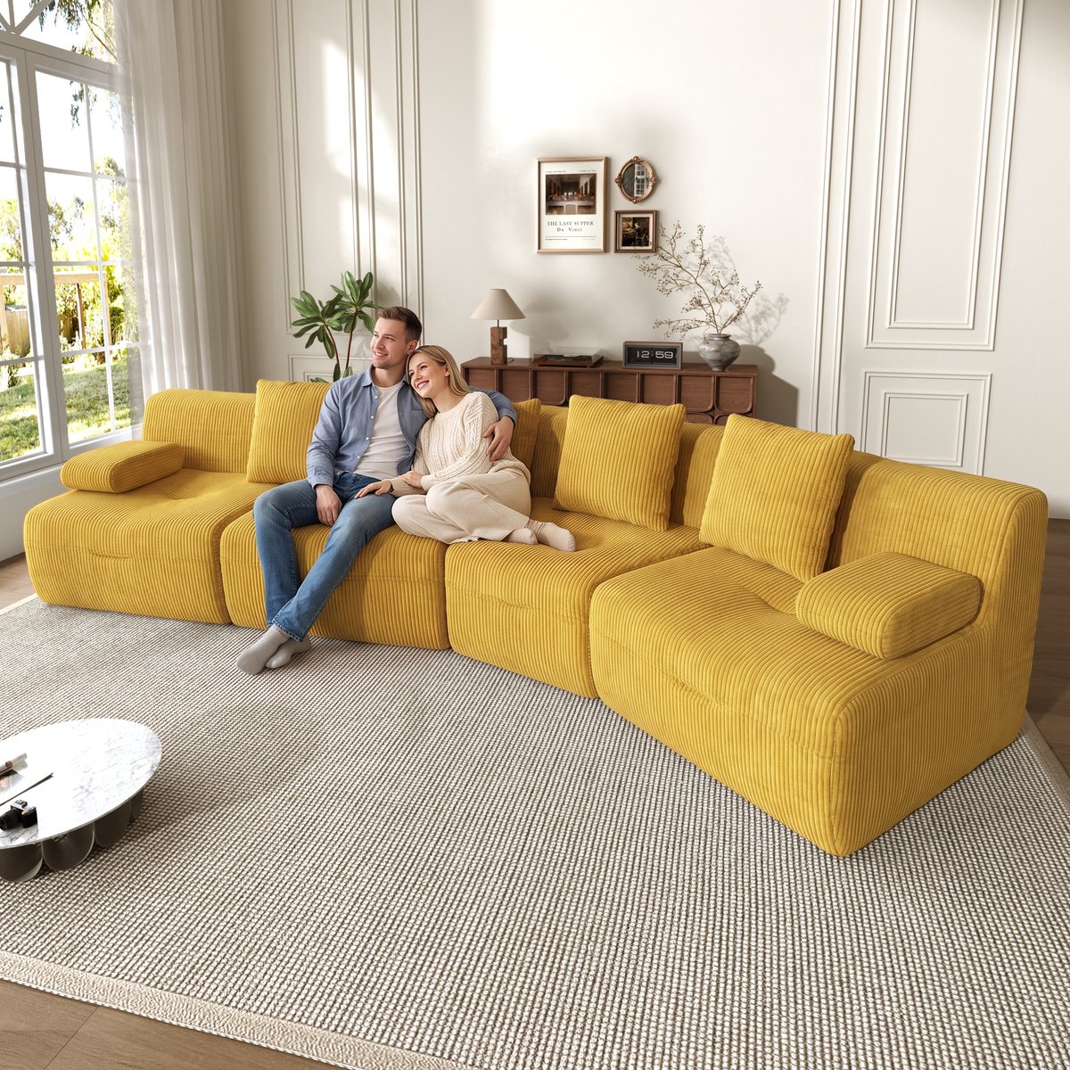 Modulaire Hoekbank 4 Zits - Corduroy Cloud Sofa Zonder Montage - Compressie Bank Met Vrije Opstelling - Zachte Lounge Bank Voor Woonkamer En Appartement - Geel