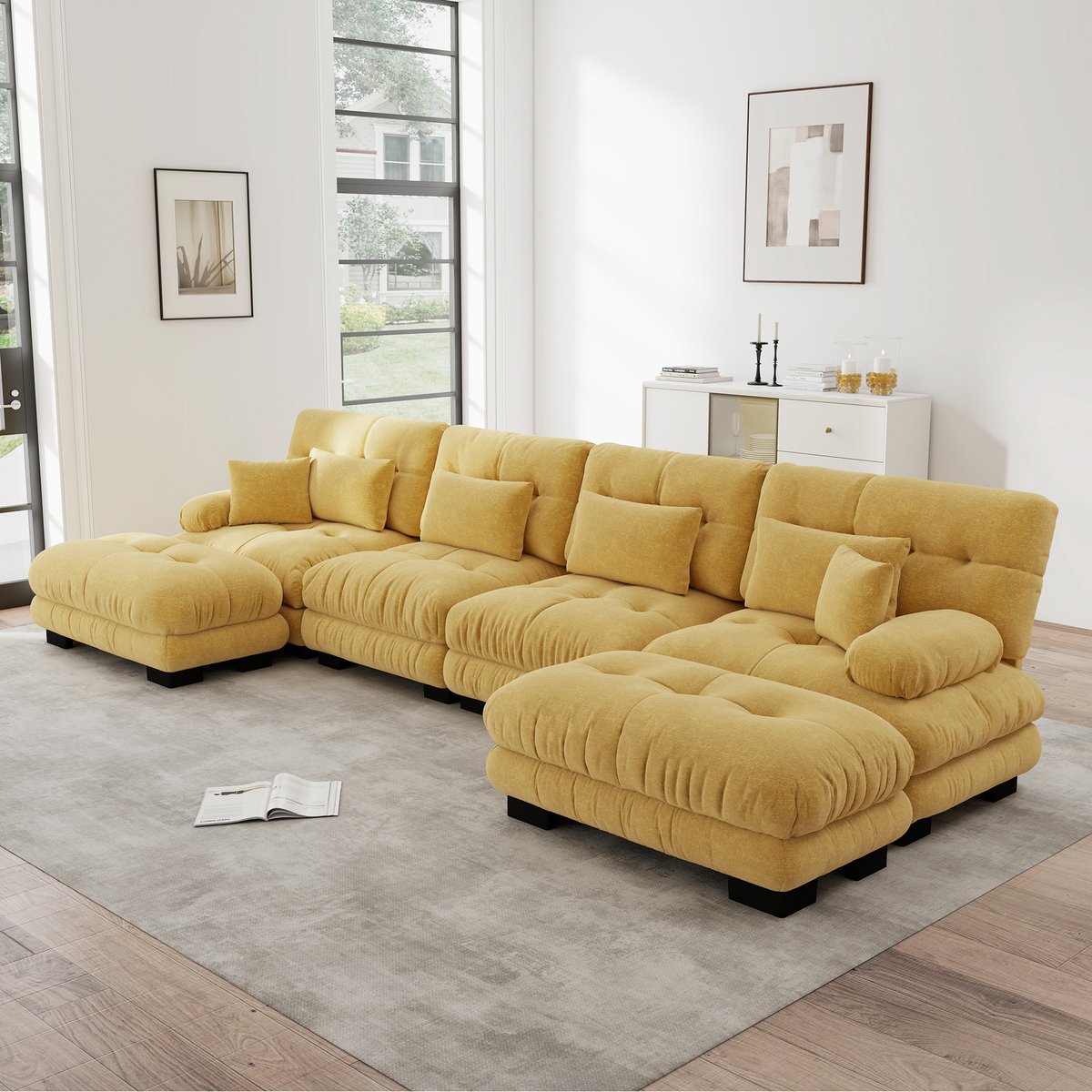 Modulaire U-Bank 4-Zits – Gele Chenille Hoekbank 406 cm – Cloud Sofa met Verplaatsbare Hocker, Diepe Zit en Kussens – Vrij Opstelbaar