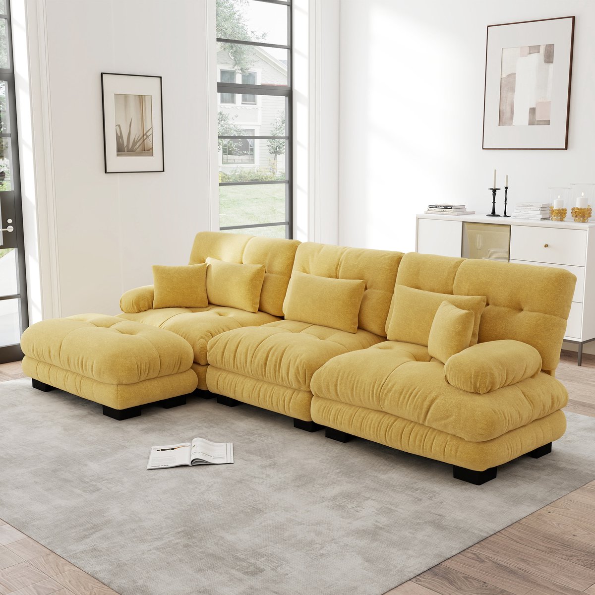 L Vorm Hoekbank 3 Zits - Modulaire Cloud Sofa Chenille Met Hocker - Grote Lounge Bank Met Diepe Zit En Zachte Kussens - Moderne Woonkamer Bank Geel