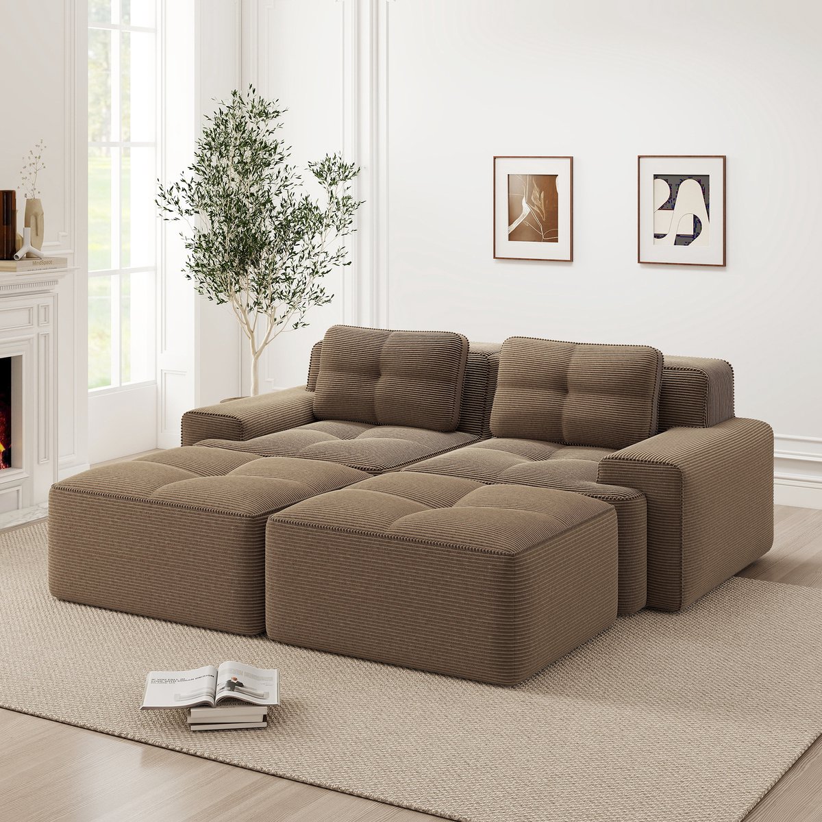 Modulaire U-Vorm Bank - Corduroy Cloud Sofa 2-Zits Met Hocker - Zachte Lounge Bank Zonder Montage - Diepe Zitbank Met 32D Schuimvulling - Bruine Bank Voor Woonkamer