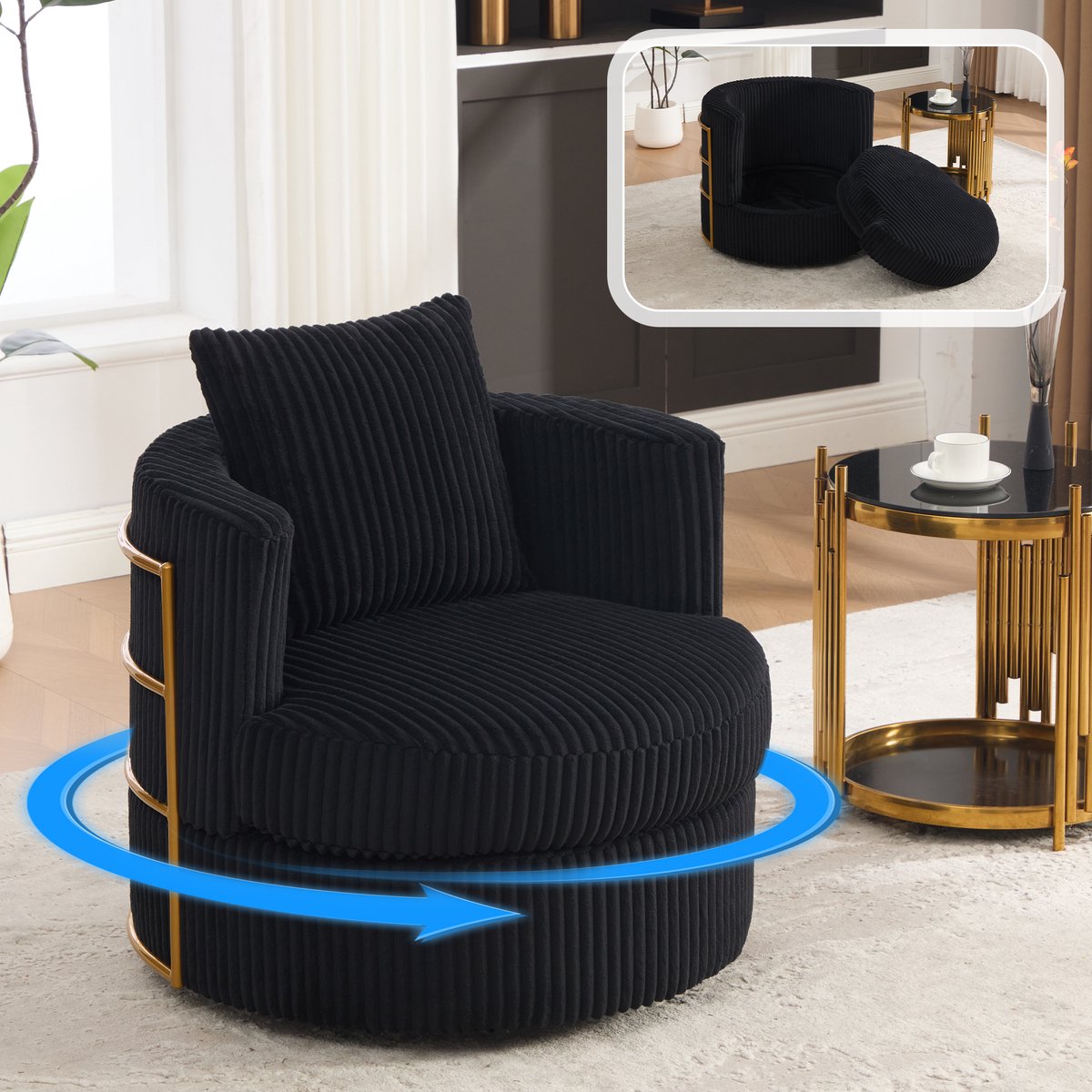 Lounge Fauteuil - Zachte Ribstof Stoel Met 360° Draaifunctie En Comfortabel Design