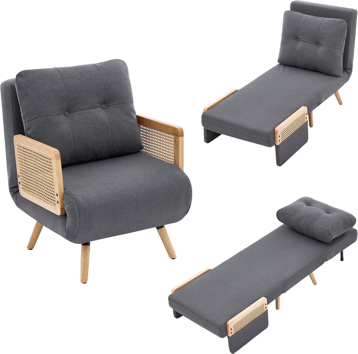 Slaapstoel - 3 In 1 Verstelbare Relaxstoel Met Linnen Bekleding Houten Poten Grijs