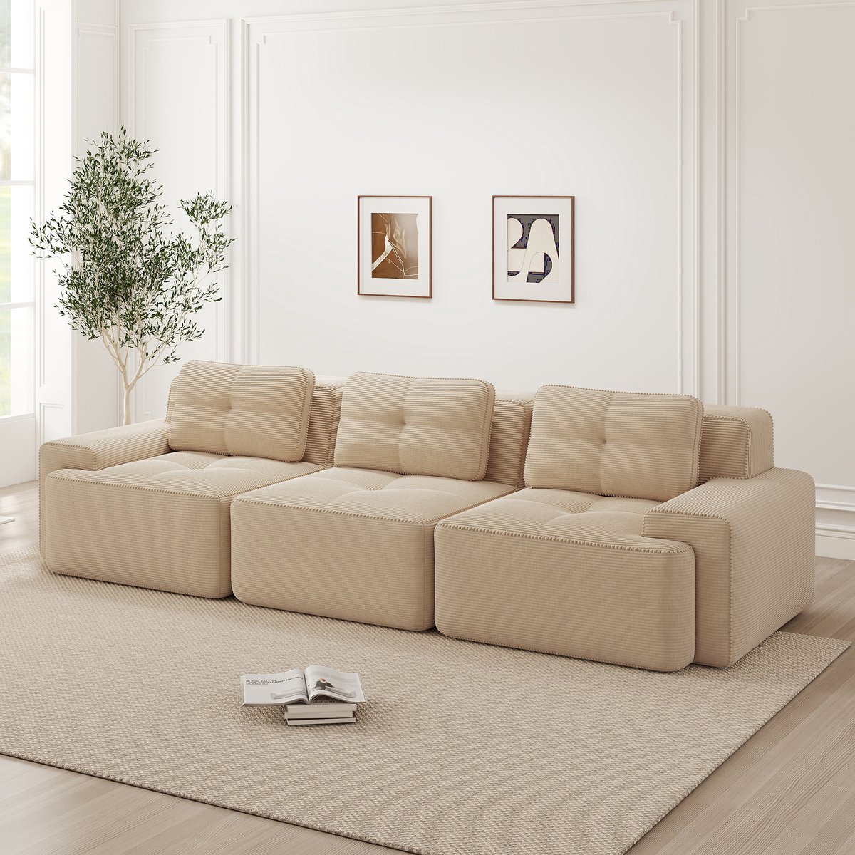 Modulaire Hoekbank 3-Zits - Ribcord Wolkenbank Zonder Frame, Diepe Zit En Zachte Kussens - Beige