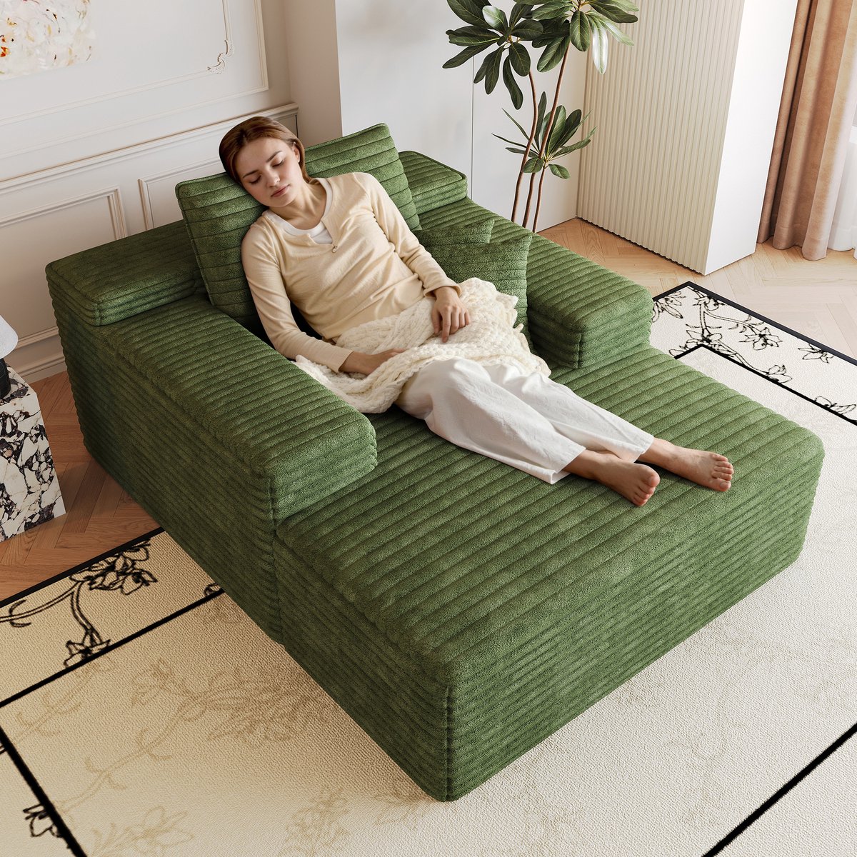 Cloud Sofa Groen - Modulaire Bank Met Chaise Longue - Ribcord Lounge Stoel - Compressie Sofa Zonder Montage - Zachte Relaxbank Voor Woonkamer