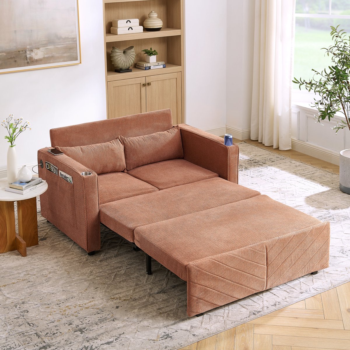 2-Persoons Sofa Bed 195x134x73 cm - Modern Sofa Met Slide-to-Transform Ontwerp En USB Oplader, Oranje