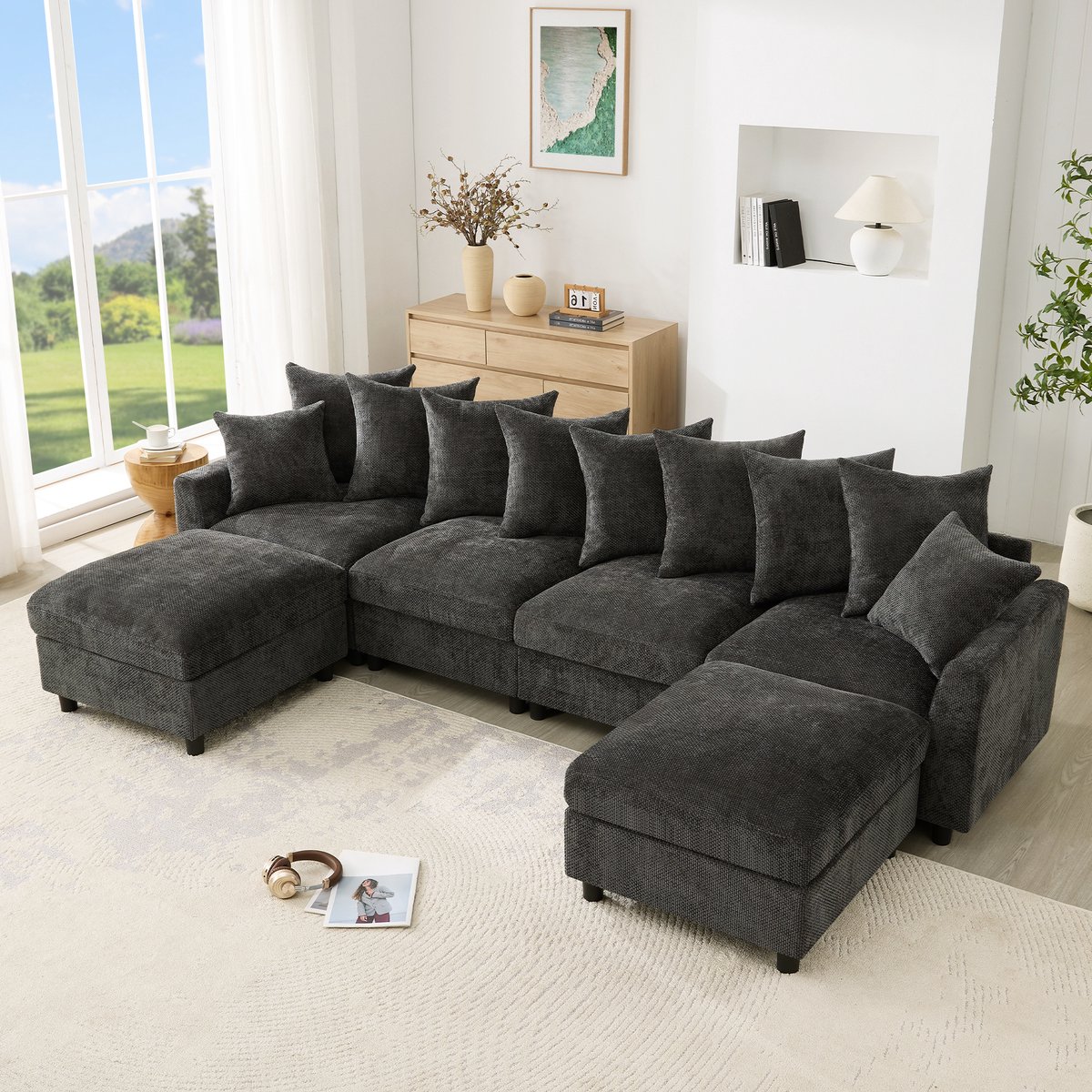 Modulaire Hoekbank - 6-Zits U/L-Vormige Bank Met 2 Hockers - USB & Type-C - Chenille - Grijs