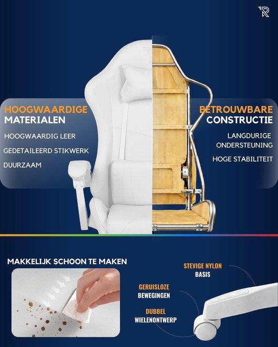 Gamingstoel met Verstelbare Rugleuning 90°-135° - Ergonomische PC Stoel met Armleuningen - Inclusief Rug- en Nekkussen - Comfortabele Bureaustoel voor Gaming, Kantoor en Thuiswerk - Wit — afbeelding 3