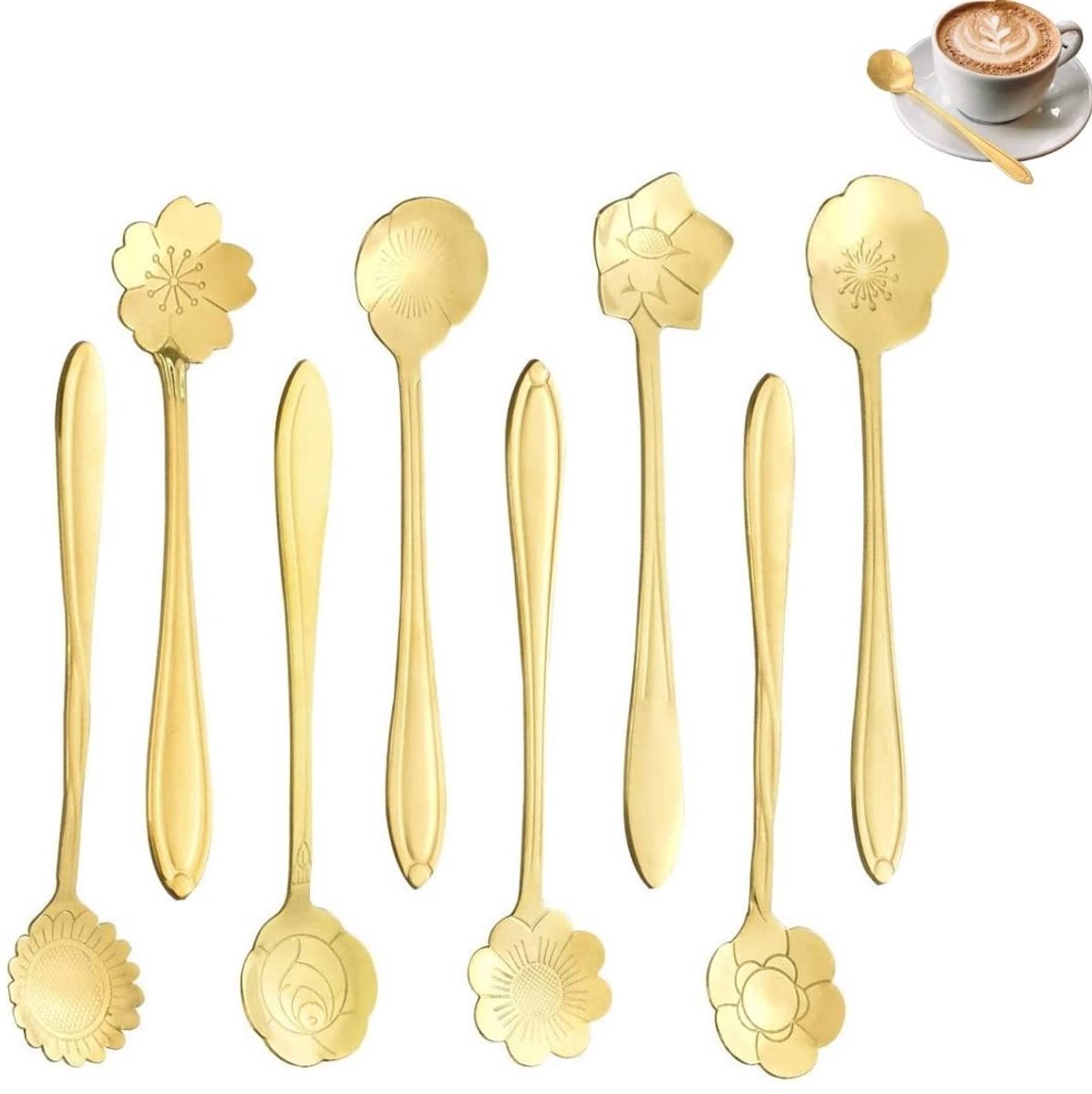Solidchoice - Set van 8 Kleine Theelepels van RVS met Bloemenmotief