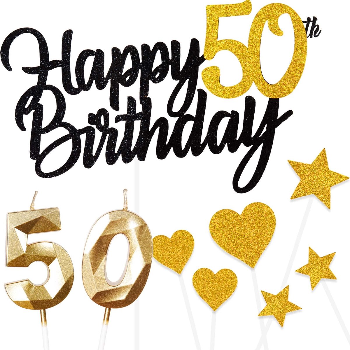 Verjaardagsversiering taarttopper 50 jaar - zwart goud - met kaarsen en cupcake toppers - feestelijk voor hem of haar - ShopVlot