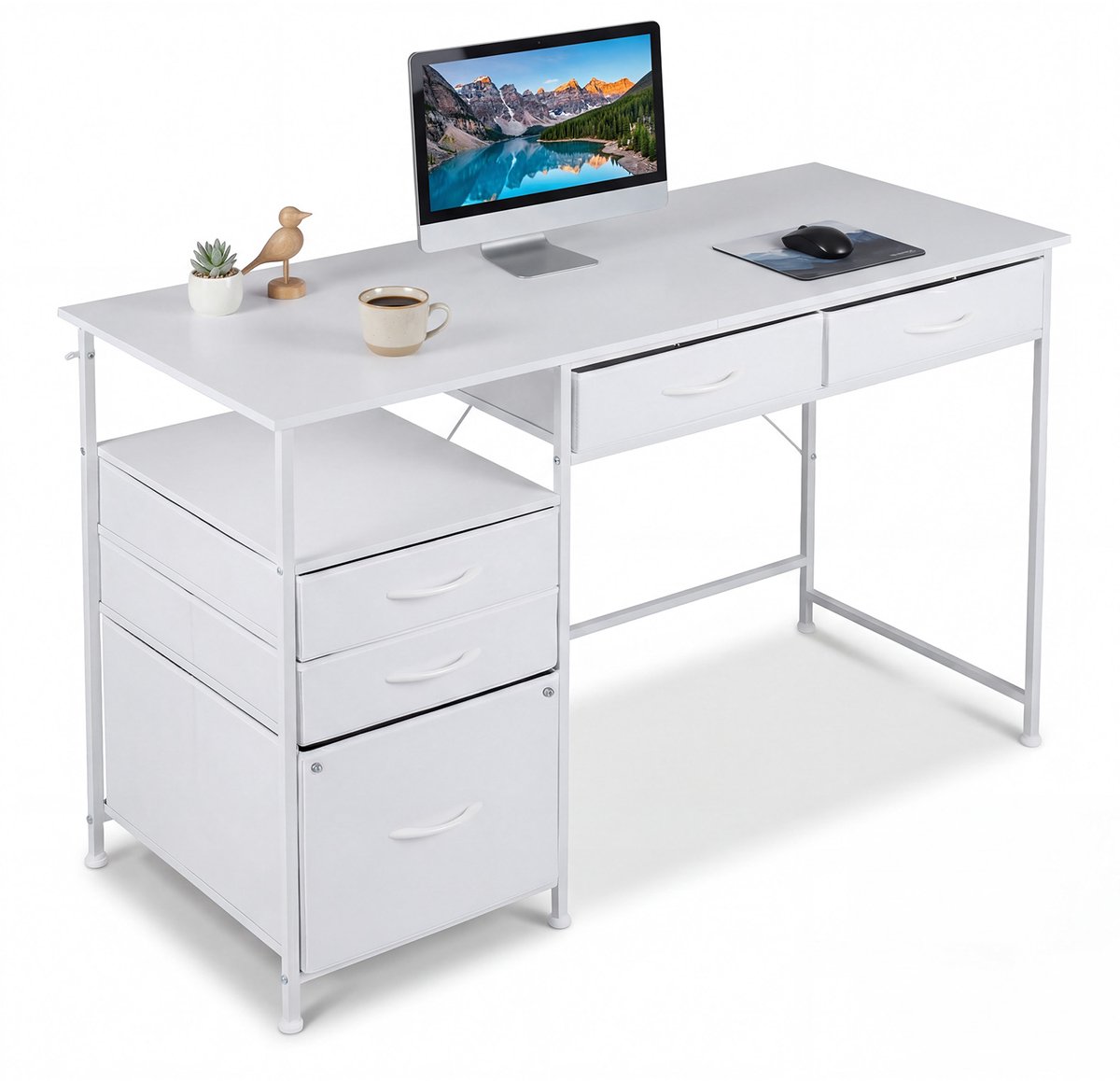 COSTWAY Bureau met 5 stoffen laden, 120 x 50 cm, computertafel met plank, bureautafel, pc-tafel voor kleine ruimtes, slaapkamer en woonkamer (wit)