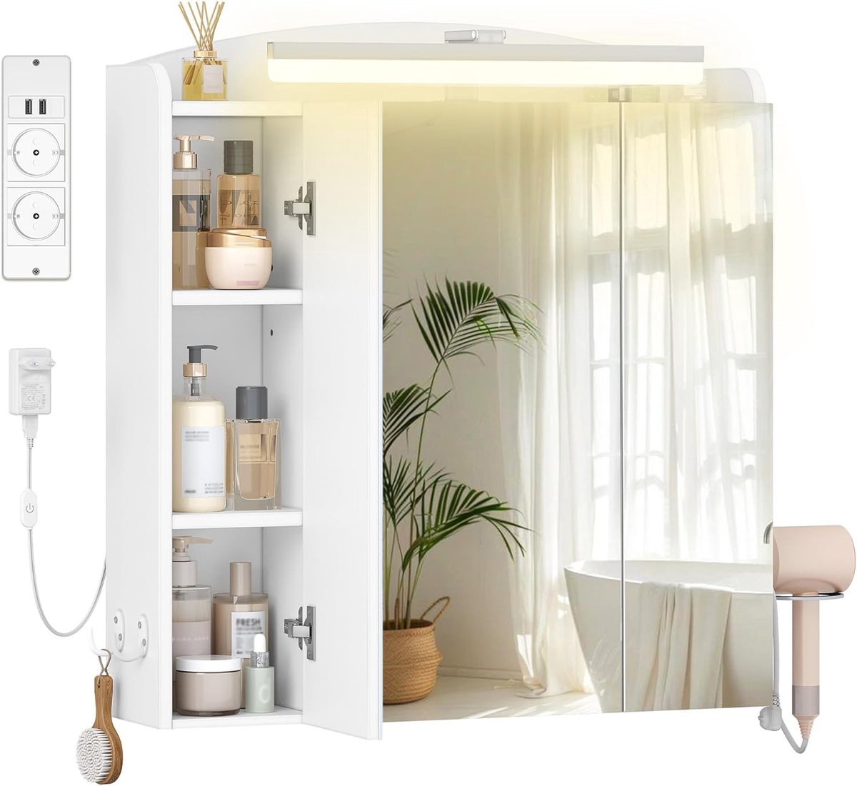 Hzuaneri badkamerspiegelkast met verlichting, 2 stopcontacten + 2 USB-aansluitingen. Wandkast met föhnhouder, haken, stopcontacten, verstelbare planken, 16,5 x 70 x 75 cm, wit