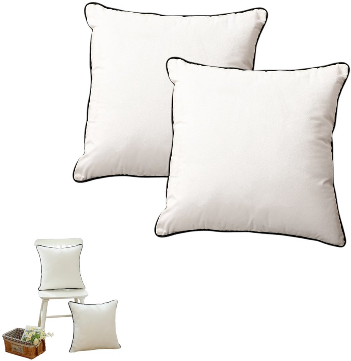 2 stuks - Witte fluwelen kussensloop - Effen kleur met zwarte touwbies - Vierkante kussenhoes - Geschikt voor banken, slaapkamers en feestdecoraties - 45 x 45 cm
