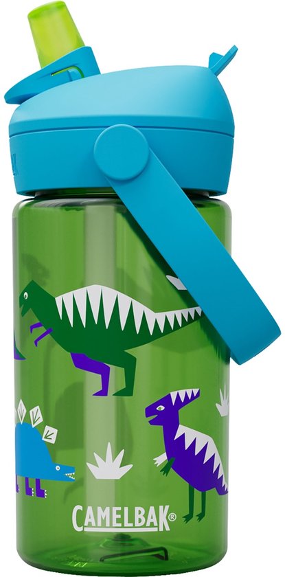 Groene drinkfles met blauwe dop en rietje. Decoreert met dinosaurussen in paars en blauw.