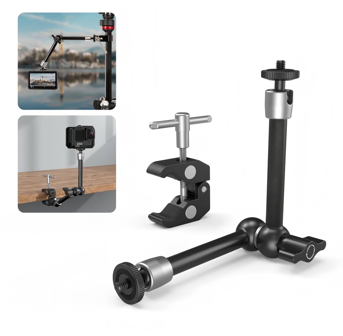 Namajunas - Superklem & 10-inch verstelbare wrijvingsarm met scharnier en 1/4"-schroef – geschikt voor LCD-monitor / LED-verlichting - Geschikt voor aansluiting op zaklampen, microfoons, LCD-monitoren en actioncamera's
