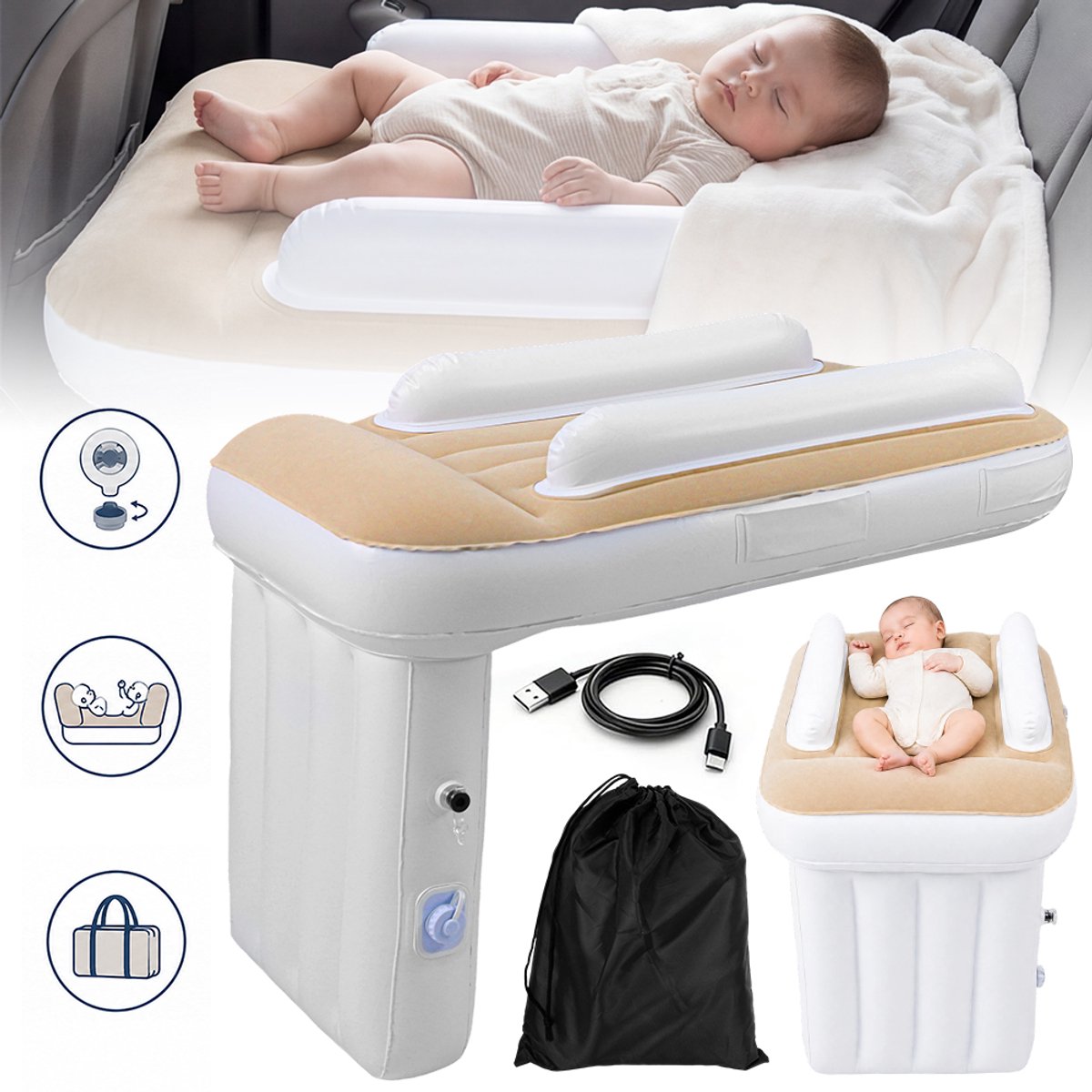 Zelfopblazend Reisbedje Voor Baby's 80x50x60cm – USB Oplaadbaar 1000mAh Veiligheidsbumpers Draagvermogen 60kg – Compact Voor Handbagage – Ideaal Cadeau Voor Reizende Ouders
