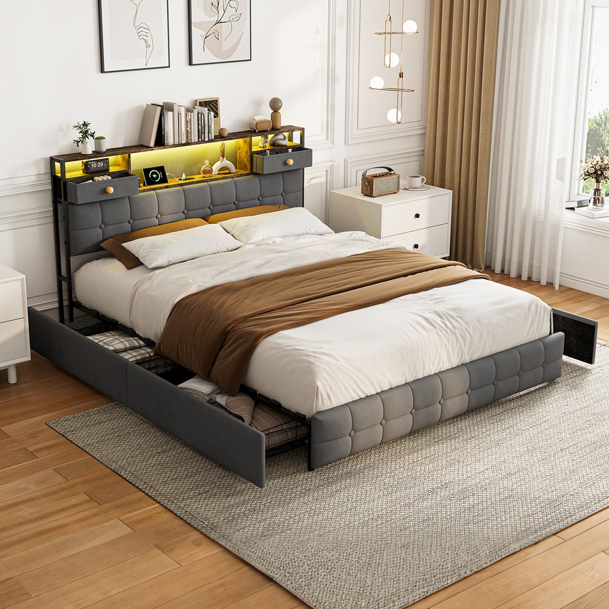 MEXUS Tweepersoonsbed 160x200cm, gestoffeerd bed met 4 opberglades, ledverlichting en USB-poorten, bedframe 160x200, fluweel Grijs
