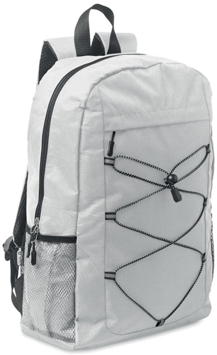Rugzak van 600D RPET polyester met decoratief koord en ritsvak aan de voorkant. Meshzakken aan beide kanten. Wit