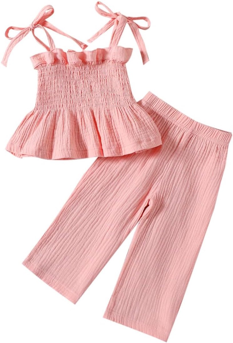 Little Kids Baby Girls Casual Ruffle Sleeves/Sleeveless Tank Top Linen Wide Leg Pants Spring Summer Children's - ShopVlot