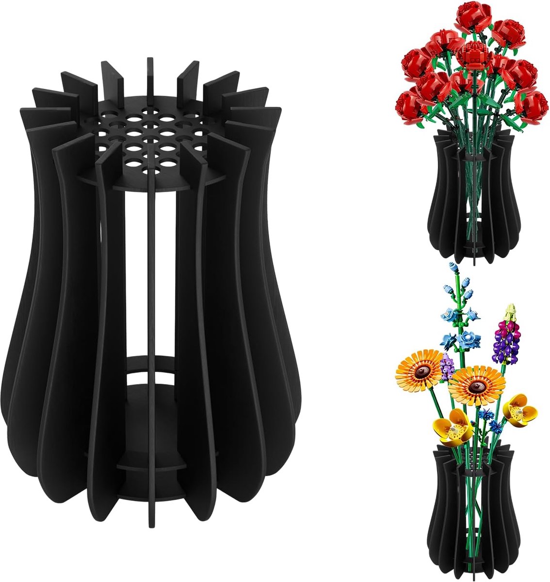 KZQ Houten vaas – In elkaar grijpende blokkenvaas – Compatibel met bouwsets voor rozenboeketten – Decoratieve vaas – 18x18x20 cm – Zwart