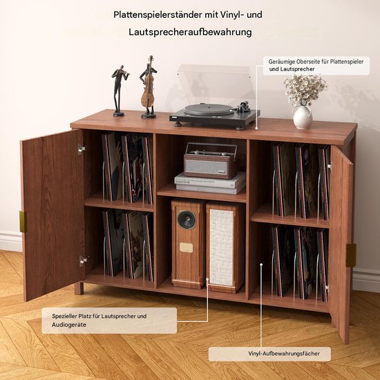 BROTTAR 47,2" platenspelermeubel bruin met geribbelde deuren, vinylplatenkast voor 7"/10"/12" LP's, 16 opbergvakken, stofvrije opberging, mid-century design voor woonkamer en muziekhoek — afbeelding 4