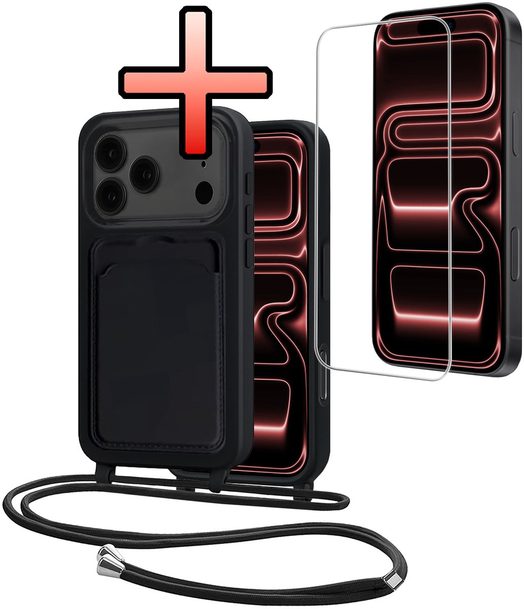 Hoes Geschikt voor iPhone 18 Pro Met Telefoonkoord Met Screenprotector - Siliconen Hoesje Backcover Met Ketting - Zwart