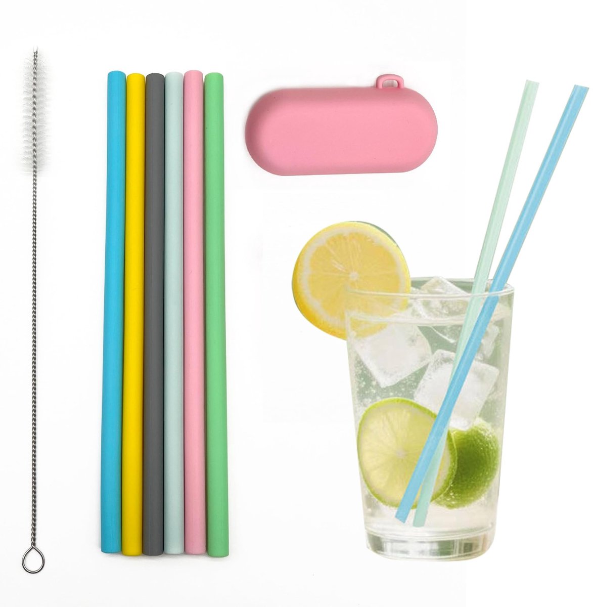 Solidchoice - 6 Stuks Herbruikbare Silicone Rietjes met Schoonmaakborstels