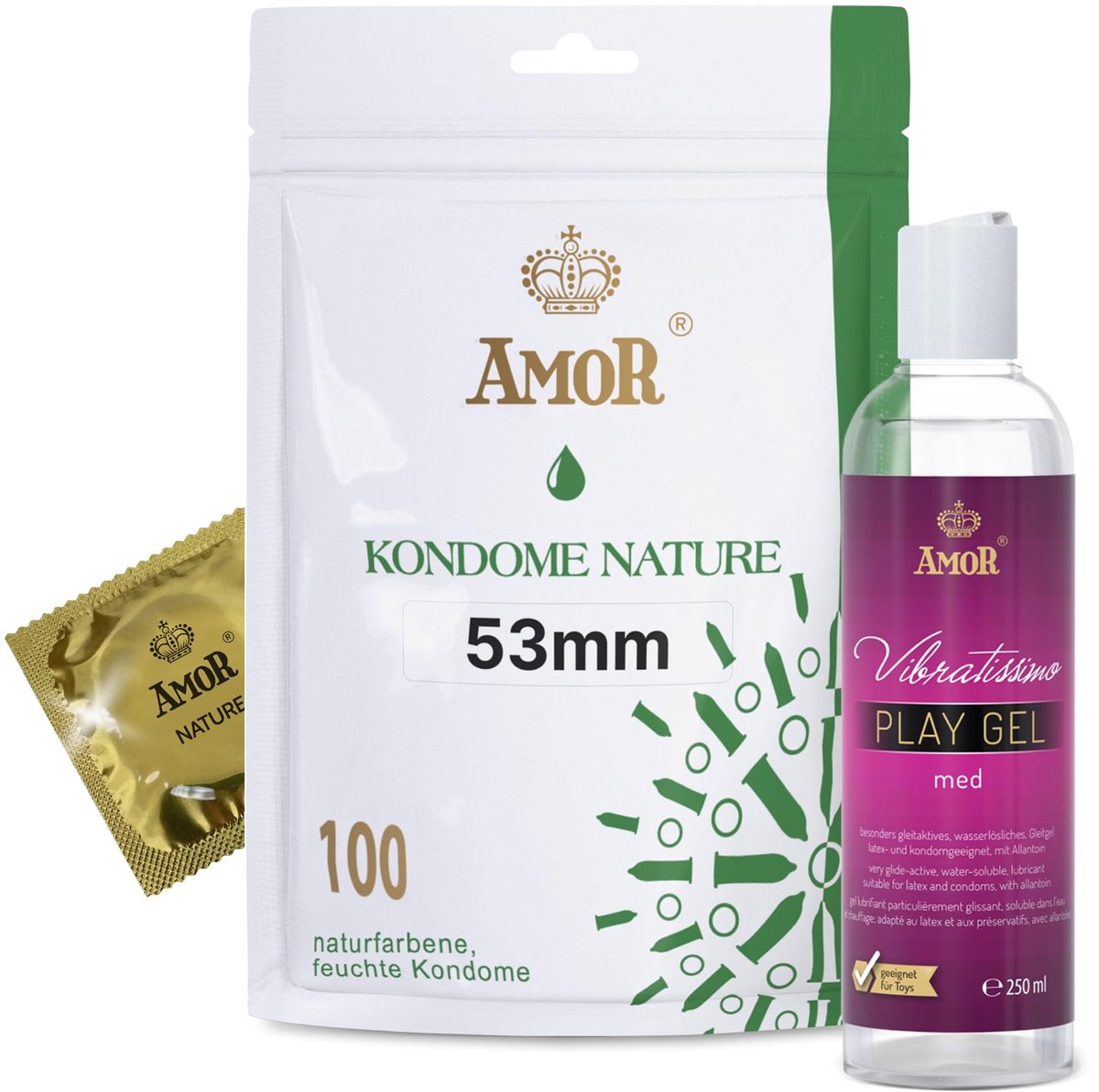 Set AMOR Premium Condoom en Glijmiddel - Ideale partners voor goede seks, 100 Nature Condooms Ø 53 mm + Vibratissimo Play Gel med 250 ml