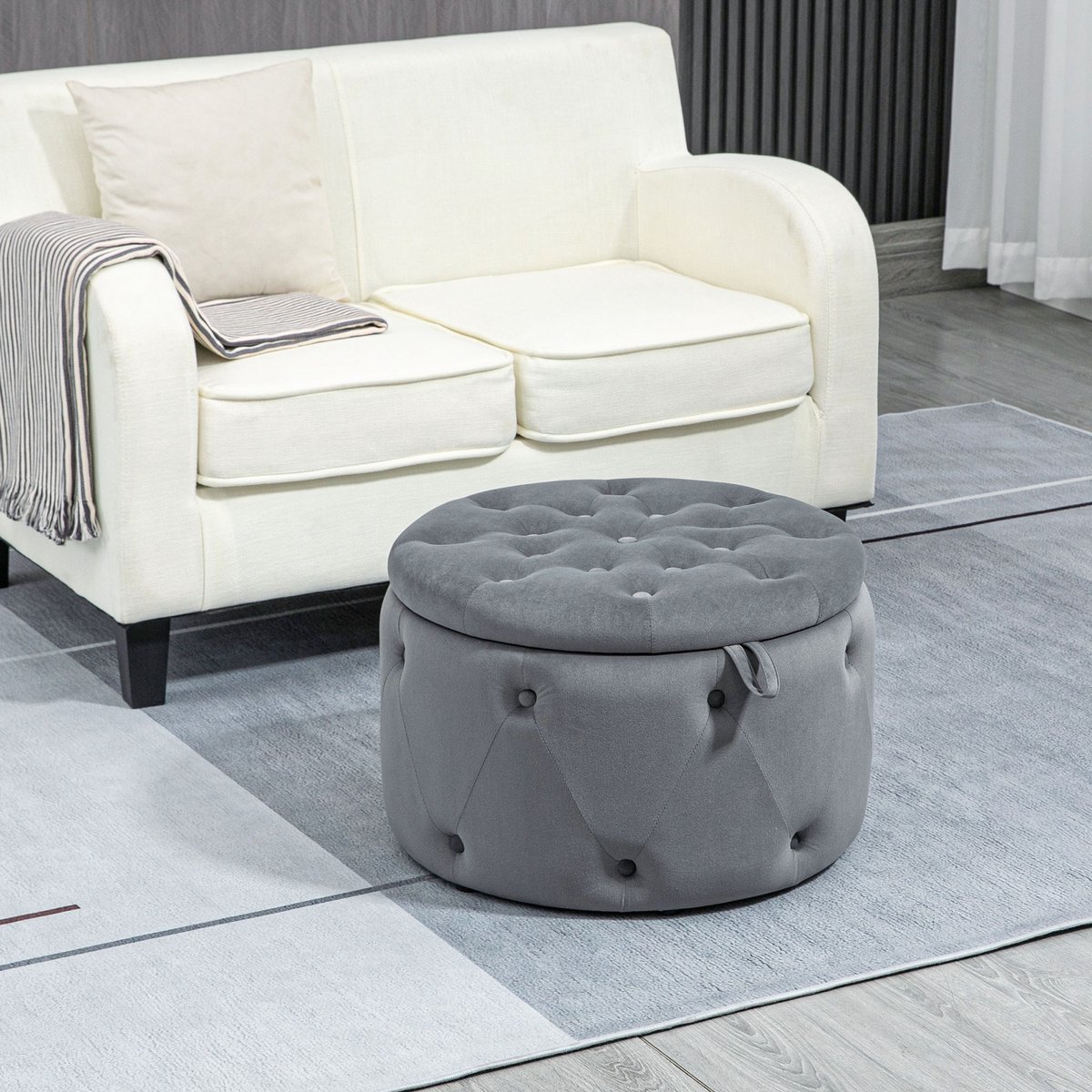 OKWISH Poef Met Opbergruimte – Ø60 X 40 Cm – Gecapitonneerd – Polyester – Grijs – Zitpoef Voor Woonkamer En Slaapkamer