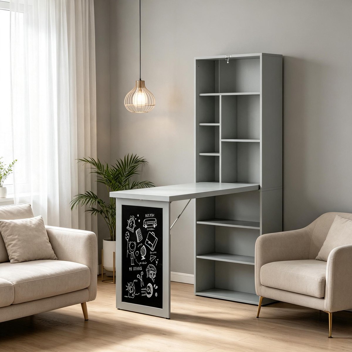 MIVRAY Bureau - Wandgemonteerd Klapbureau Met Opbergvakken En Bord - Voor Kleine Ruimtes En Thuiskantoor - Hout - Donkergrijs Zwart - 98x51x153 Cm