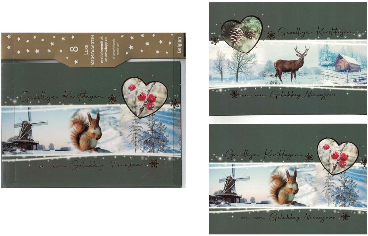Wenskaarten - kerstkaart - set van 8 - 8 luxe kerstkaarten - 2 x 4 luxe kerstkaarten met envelop