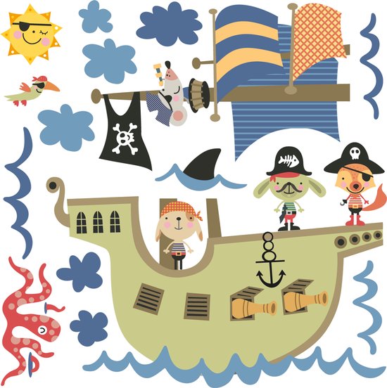 Een verzameling piraten muurstickers: piratenschip, piraten met dierengezichten, octopus, zon, haai en wolken.