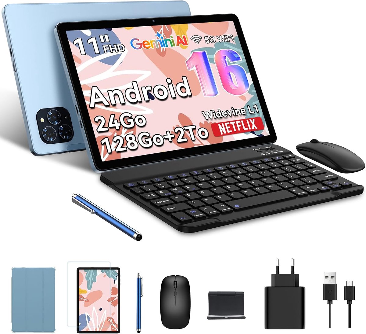 TABWEE 11 inch tablet met toetsenbord - Android 16, 24 GB + 128 GB, 8000 mAh, 13 MP + 5 MP, Widevine L1, Gemini AI 3.1 - ShopVlot