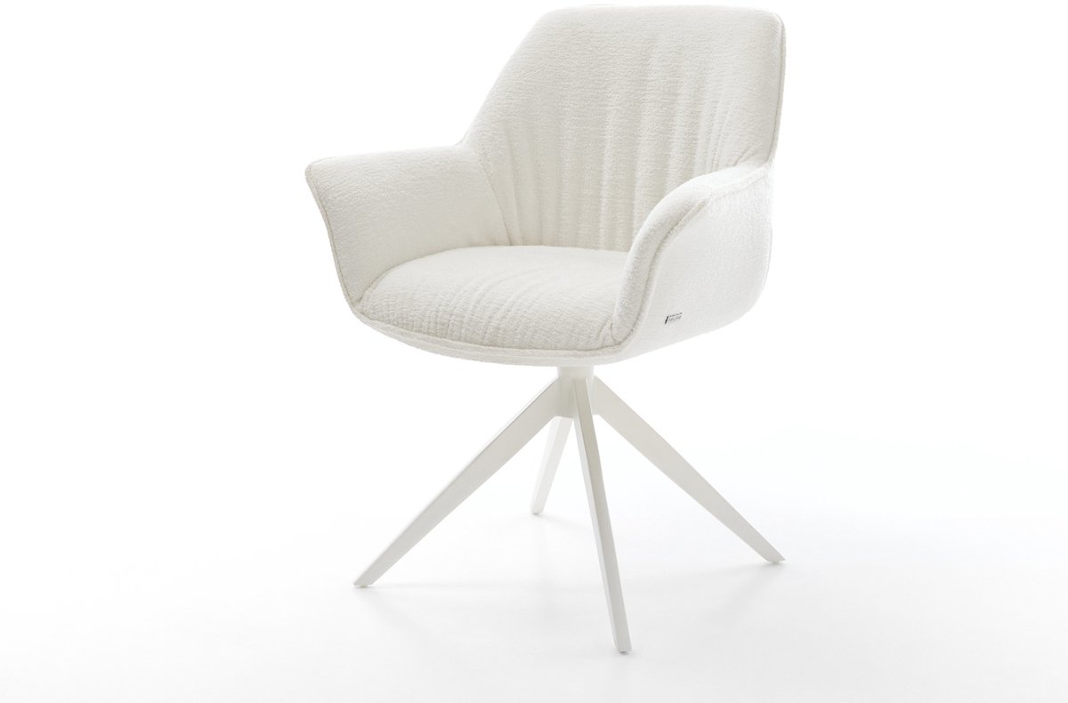 Eetkamerstoel Keila-Flex met armleuning kruisframe breed wit bouclé zacht beige 360° draaibaar rocker-functie