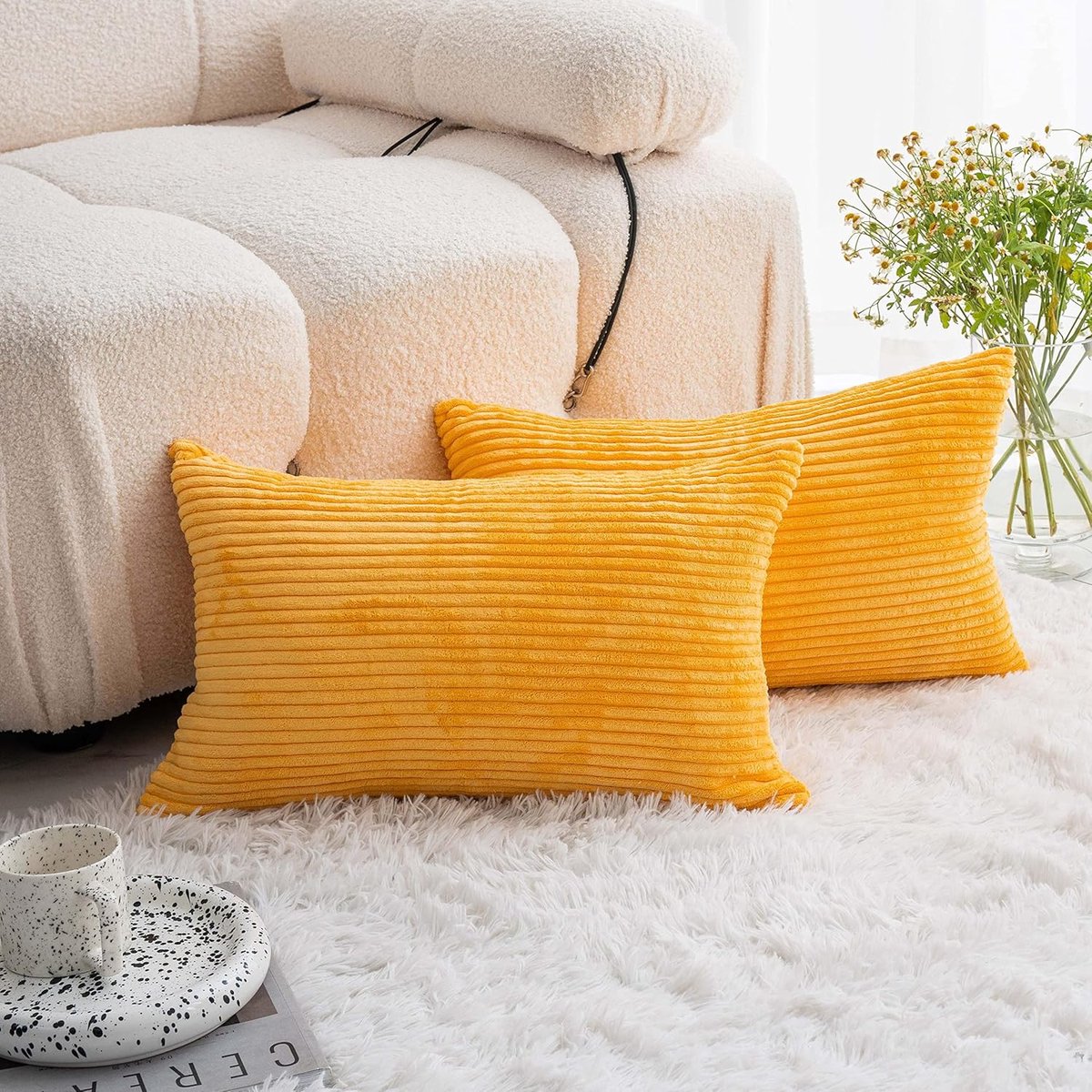 Demetex Cushion Covers 12 x 20 Set of 2 Super Soft Lumbar Cushion Cover, Decorative Striped Corduroy Cushion Covers - ShopVlot
