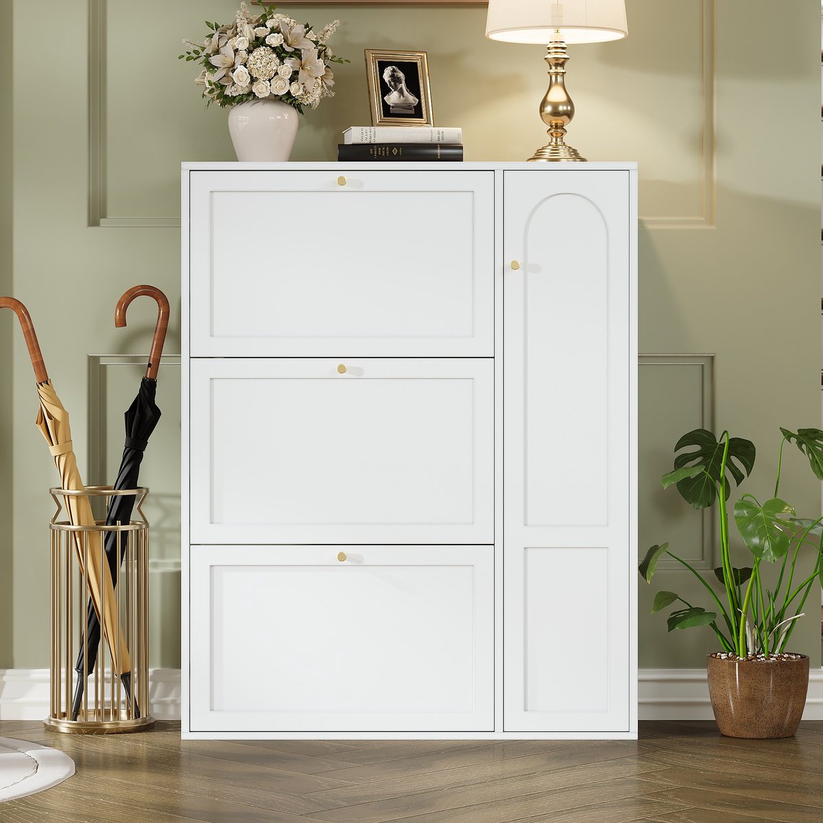 VVBV Schoenenkast 90x25x114 cm - Smal Ontwerp, Opbergruimte, Met Lades, Ruimtebesparend - Wit, Spaanplaat