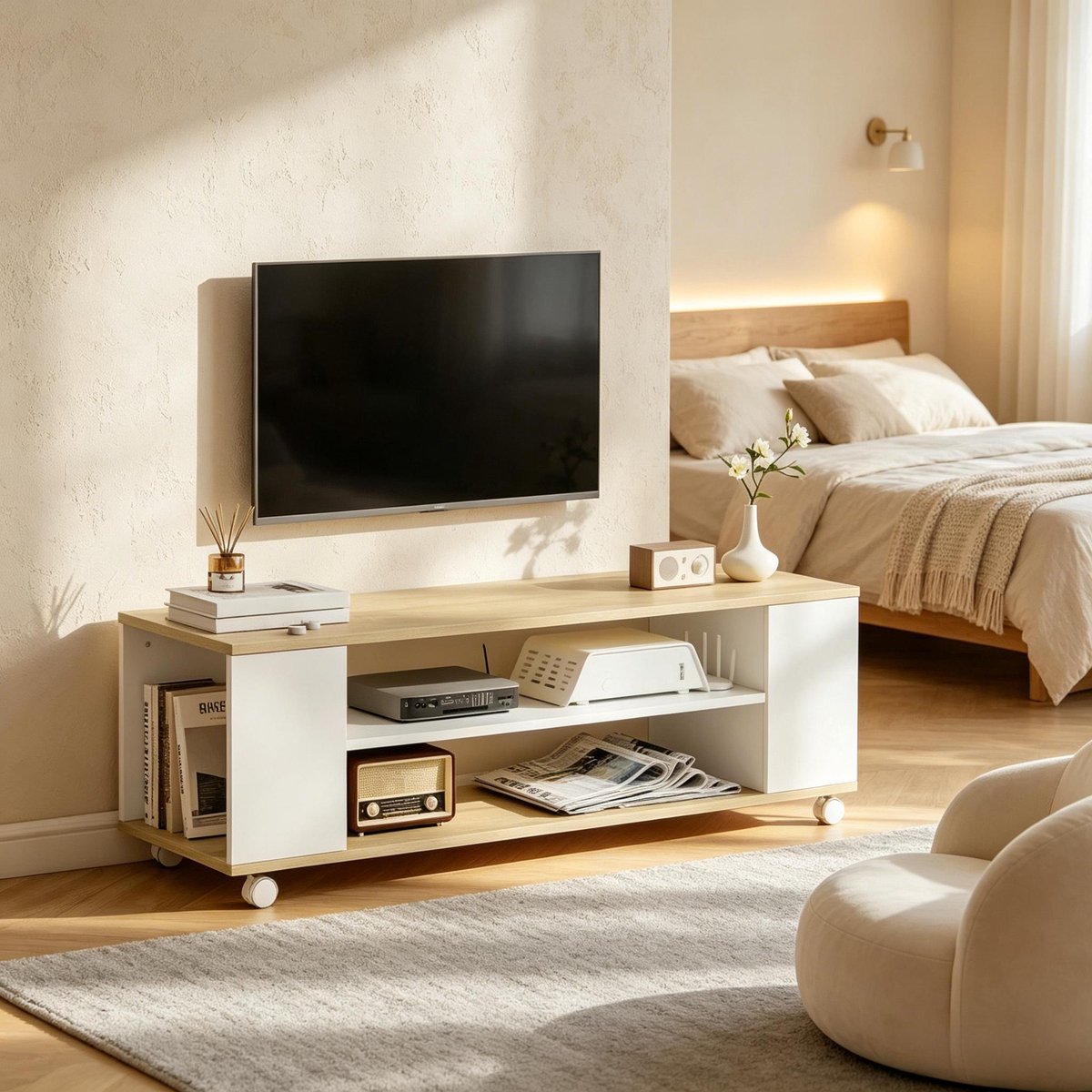 MIVRAY TV Meubel - Met Wielen En Wandmontage - Open Vakken Voor Woonkamer En Slaapkamer - Spaanplaat - 120 Cm - Wit Naturel