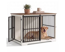 Aiverig® Hondenbench Meubel Hout XL – met Schuifdeur & Zijdeur – Hondenhok voor Binnen & Hondenkooi – Krasvrije Poten & Anti-knaag Sloten – Voor Grote Honden – Wit Bruin – 110 (Lengte) - 81 (Hoog) - 65 (Diep) CM