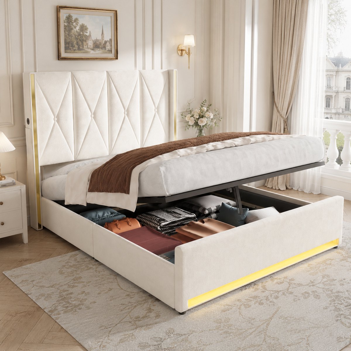 REDOM - Bedframe met opbergruimte - Hoofdbord met steppatroon - Hydraulisch liftsysteem - LED-verlichting - USB- en Type-C-aansluitingen - Stof - Beige - 160 x 200 cm